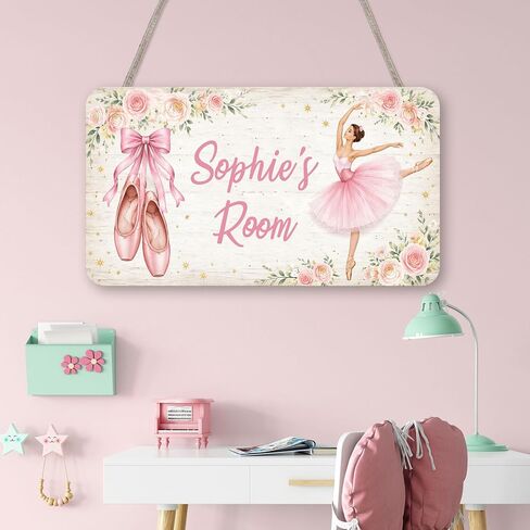 Personalized Ballerina Kids Room Door Sign, Custom Name Sign Wooden Hanging Plaque for Girls Bedroom, Ballet Shoes Pink Floral Toddler Baby Nursery Wall Hanger Decor 12x6 Inches in Kuwait
