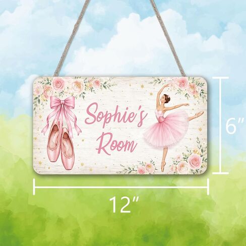 Personalized Ballerina Kids Room Door Sign, Custom Name Sign Wooden Hanging Plaque for Girls Bedroom, Ballet Shoes Pink Floral Toddler Baby Nursery Wall Hanger Decor 12x6 Inches in Kuwait