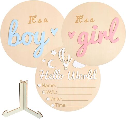 Baby Announcement Sign Set, 5.9 Inch Wooden Gender Reveal Board with Hello World, It's a Boy & Girl & Hello World Sign, Newborn Photo Prop for Hospital Shower Nursery Decor in Kuwait