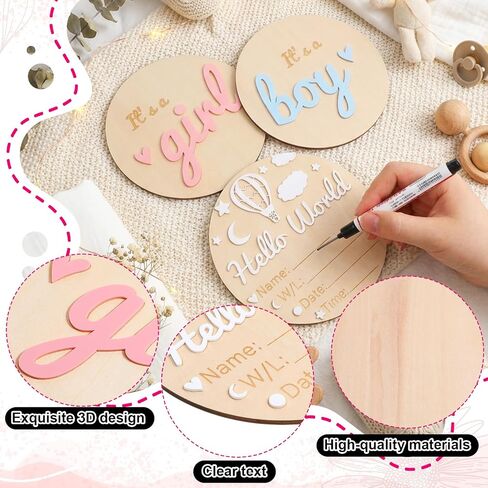 Baby Announcement Sign Set, 5.9 Inch Wooden Gender Reveal Board with Hello World, It's a Boy & Girl & Hello World Sign, Newborn Photo Prop for Hospital Shower Nursery Decor in Kuwait