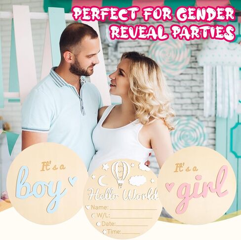 Baby Announcement Sign Set, 5.9 Inch Wooden Gender Reveal Board with Hello World, It's a Boy & Girl & Hello World Sign, Newborn Photo Prop for Hospital Shower Nursery Decor in Kuwait