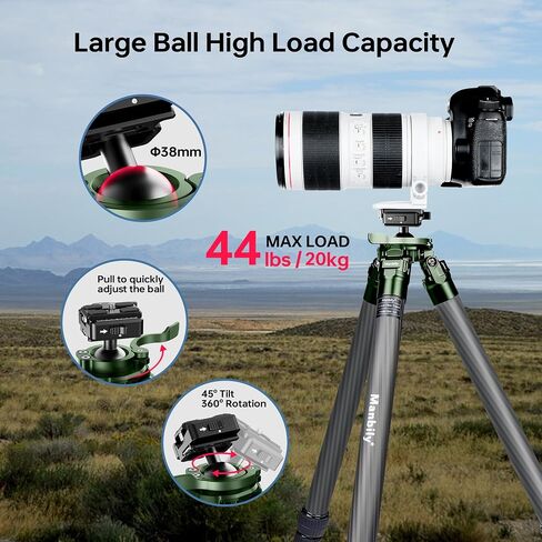 QM-324PA Shooting Tripod, Arca Hunting Carbon Fiber Tripod with 38mm Ball Head and Picatinny to Arca Swiss Adapters, 32mm Thick Tubes, Max Load 44lbs Green in Kuwait