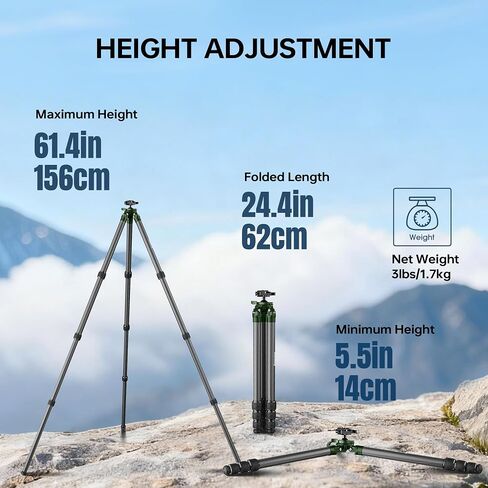 QM-324PA Shooting Tripod, Arca Hunting Carbon Fiber Tripod with 38mm Ball Head and Picatinny to Arca Swiss Adapters, 32mm Thick Tubes, Max Load 44lbs Green in Kuwait