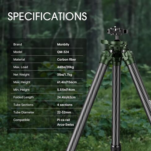 QM-324PA Shooting Tripod, Arca Hunting Carbon Fiber Tripod with 38mm Ball Head and Picatinny to Arca Swiss Adapters, 32mm Thick Tubes, Max Load 44lbs Green in Kuwait