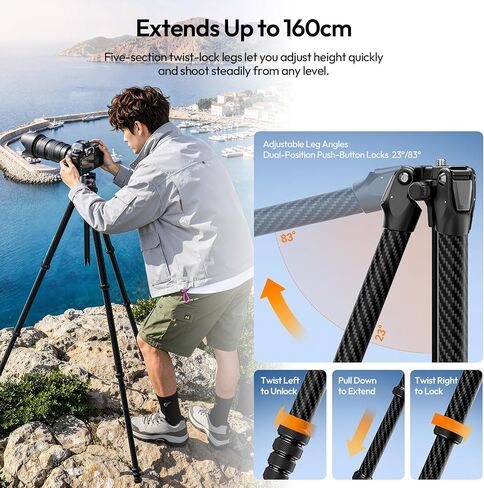 ULANZI TZ01 Carbon Fiber Tripod 64.2inch, 2-in-1 Detachable Center Column Mini Tripod, Camera Stand with 360° Ball Head, Uka Quick Release, 2.43lb Lightweight Travel Tripod for Camera/Phone in Kuwait