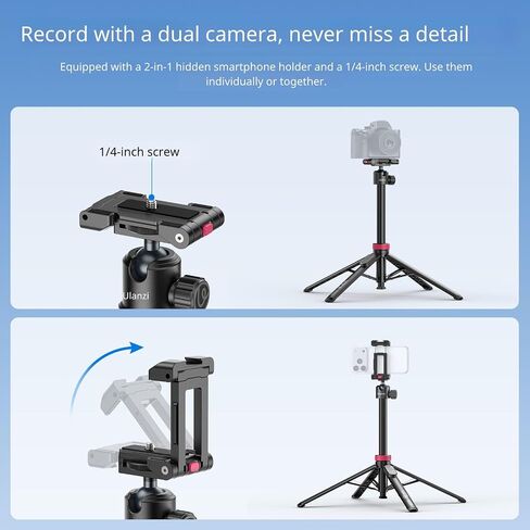ULANZI MT-44B Phone Tripod, 59'' Auto Open Phone Stand w Dual Camera Setup | 7-Section Extendable Pole, 360° Rotation Ball Head, Wireless Remote, Cold Shoe Mount, Compact (415g) for Vlogging & Selfies in Kuwait