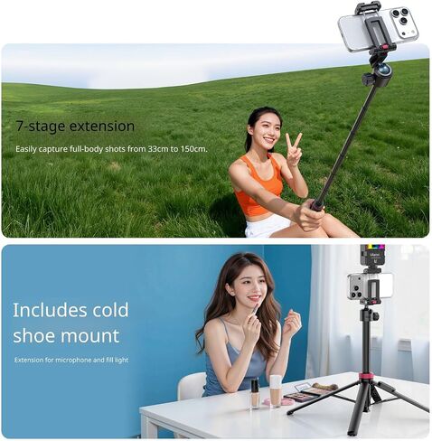 ULANZI MT-44B Phone Tripod, 59'' Auto Open Phone Stand w Dual Camera Setup | 7-Section Extendable Pole, 360° Rotation Ball Head, Wireless Remote, Cold Shoe Mount, Compact (415g) for Vlogging & Selfies in Kuwait