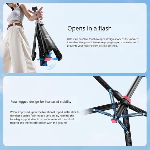 ULANZI MT-44B Phone Tripod, 59'' Auto Open Phone Stand w Dual Camera Setup | 7-Section Extendable Pole, 360° Rotation Ball Head, Wireless Remote, Cold Shoe Mount, Compact (415g) for Vlogging & Selfies in Kuwait