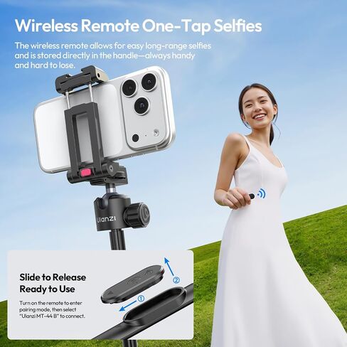 ULANZI MT-44B Phone Tripod, 59'' Auto Open Phone Stand w Dual Camera Setup | 7-Section Extendable Pole, 360° Rotation Ball Head, Wireless Remote, Cold Shoe Mount, Compact (415g) for Vlogging & Selfies in Kuwait