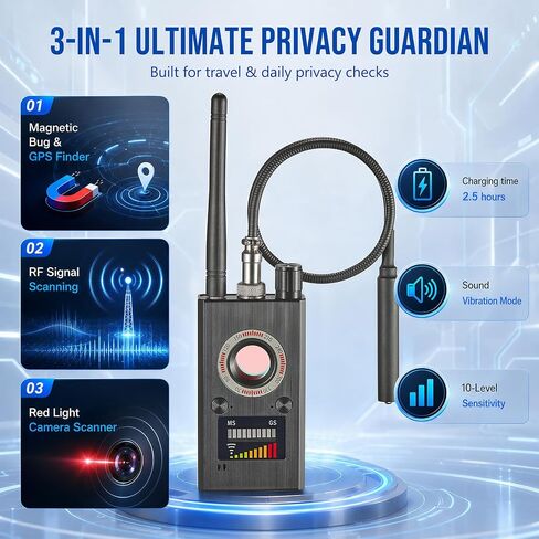 Hidden Camera Detector,GPS Bug Detector & RF Signal Scanner for Travel | 3-in-1 Hidden Camera, GPS, Bug & RF Detector, Infrared & Magnet Finder, Portable for Travel, Hotel, Car, Office, Long Battery in Kuwait
