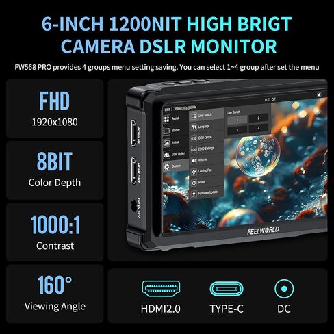 FEELWORLD 6 Inch DSLR Camera Field Monitor,1200nit High Bright 4K HDMI On Camera Monitor, 3D Lut 1920X1080 HD Focus Peaking Assist Full Waveform Video Field Monitor FW568PRO in Kuwait