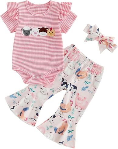 Baby Girl Summer Outfit Farm Animals Embroidered Waffle Short Sleeve Romper Flared Pants Newborn Western Clothes in Kuwait