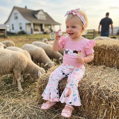 Baby Girl Summer Outfit Farm Animals Embroidered Waffle Short Sleeve Romper Flared Pants Newborn Western Clothes in Kuwait