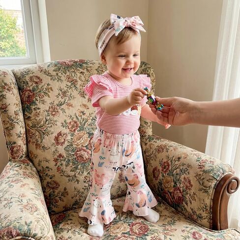 Baby Girl Summer Outfit Farm Animals Embroidered Waffle Short Sleeve Romper Flared Pants Newborn Western Clothes in Kuwait