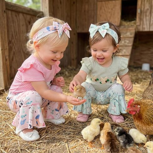 Baby Girl Summer Outfit Farm Animals Embroidered Waffle Short Sleeve Romper Flared Pants Newborn Western Clothes in Kuwait