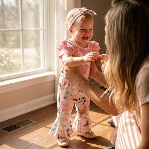 Baby Girl Summer Outfit Farm Animals Embroidered Waffle Short Sleeve Romper Flared Pants Newborn Western Clothes in Kuwait