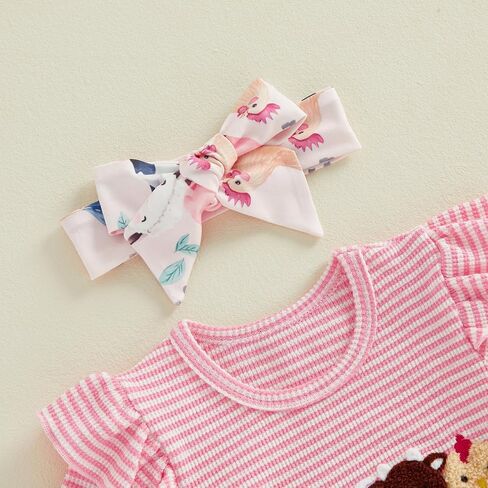 Baby Girl Summer Outfit Farm Animals Embroidered Waffle Short Sleeve Romper Flared Pants Newborn Western Clothes in Kuwait