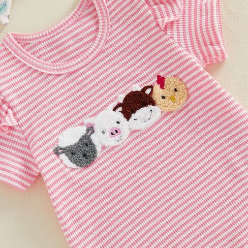 Baby Girl Summer Outfit Farm Animals Embroidered Waffle Short Sleeve Romper Flared Pants Newborn Western Clothes in Kuwait
