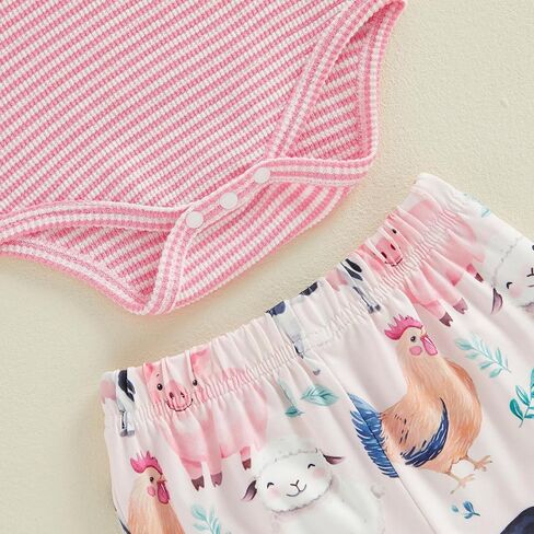 Baby Girl Summer Outfit Farm Animals Embroidered Waffle Short Sleeve Romper Flared Pants Newborn Western Clothes in Kuwait