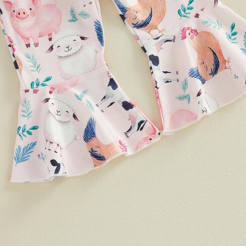 Baby Girl Summer Outfit Farm Animals Embroidered Waffle Short Sleeve Romper Flared Pants Newborn Western Clothes in Kuwait