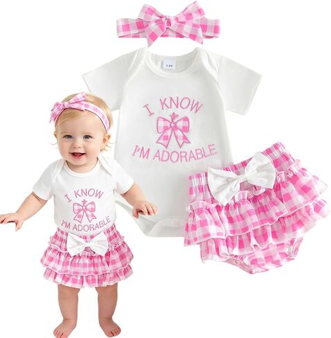 Newborn Baby Girl Summer Clothes Infant Romper 3Pcs Outfit Set | 0 3 6 12 18 24 Months Girl, I Know I'm Adorable, Short Sleeve Romper + Tutu Skirt Shorts + Headband, Tutu For Baby Girl in Kuwait