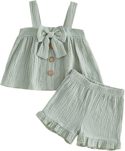Toddler Baby Girl Linen Outfit Summer Sleeveless Bow Shirt Cotton Linen Button Down Tops Ruffle Bloomer Shorts Set in Kuwait