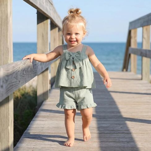 Toddler Baby Girl Linen Outfit Summer Sleeveless Bow Shirt Cotton Linen Button Down Tops Ruffle Bloomer Shorts Set in Kuwait