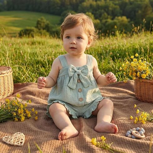 Toddler Baby Girl Linen Outfit Summer Sleeveless Bow Shirt Cotton Linen Button Down Tops Ruffle Bloomer Shorts Set in Kuwait