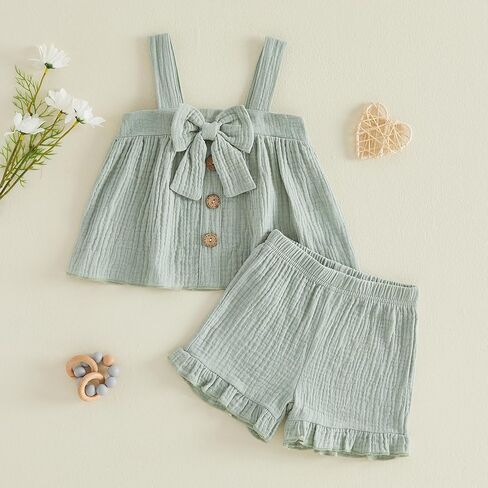 Toddler Baby Girl Linen Outfit Summer Sleeveless Bow Shirt Cotton Linen Button Down Tops Ruffle Bloomer Shorts Set in Kuwait