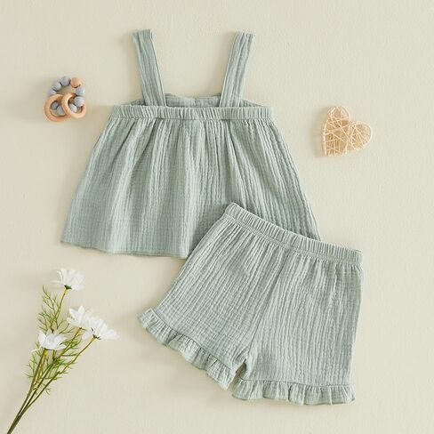 Toddler Baby Girl Linen Outfit Summer Sleeveless Bow Shirt Cotton Linen Button Down Tops Ruffle Bloomer Shorts Set in Kuwait