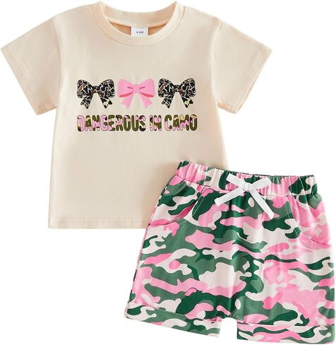 Kaipiclos Toddler Girl Outfits 12 18 24 Month 2T 3T 4T Baby Girl Clothes Camouflage Bows Letters Tee Shirts Shorts Summer Set in Kuwait