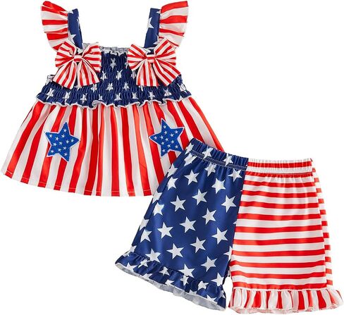 MoZiKQin Toddler Baby Girl 4th of July Outfit American Flag Ruffle Shirt Stars Print Shorts Memorial Day Outfit for Girls in Kuwait