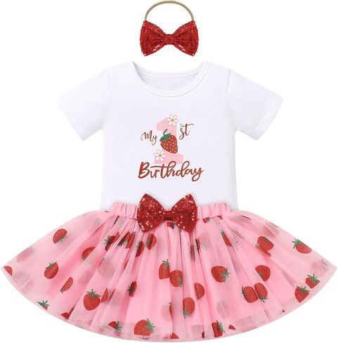 ODASDO Baby Girls Strawberry 1/2 1st 2nd Birthday Cake Smash Outfit, Romper Berry Tutu Skirt Headband Set 3pcs in Kuwait