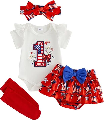 Amiblvowa 4th of July Baby Girl Outfits My First Independence Day Romper Layered Ruffle Shorts Cute Bow Headband Clothing Set in Kuwait