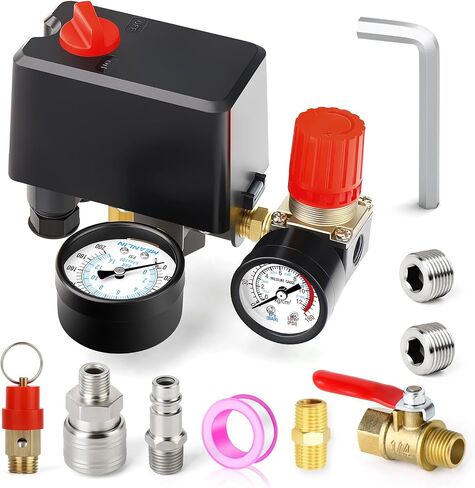 MEANLIN MEASURE Air Compressor Pressure Switch Control Valve 120-150 PSI 110V-240V 4-way Replacement Parts With 0-200 Psi Air Compressor Regulator and Safety Pressure Relief Valve in Kuwait