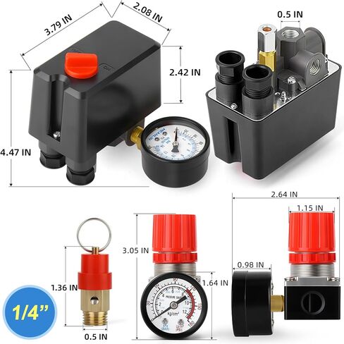 MEANLIN MEASURE Air Compressor Pressure Switch Control Valve 120-150 PSI 110V-240V 4-way Replacement Parts With 0-200 Psi Air Compressor Regulator and Safety Pressure Relief Valve in Kuwait
