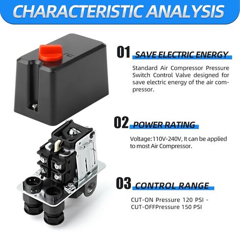 MEANLIN MEASURE Air Compressor Pressure Switch Control Valve 120-150 PSI 110V-240V 4-way Replacement Parts With 0-200 Psi Air Compressor Regulator and Safety Pressure Relief Valve in Kuwait