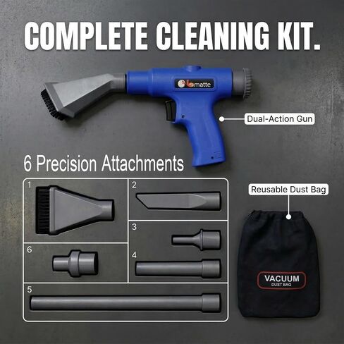LE LEMATEC Pneumatic Air Vacuum Blow Gun, Dual-Action Detailing Cleaner | 150 PSI, 6-piece attachment kit, compressor-driven, automotive shop blower, workshop accessory in Kuwait