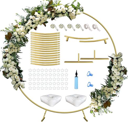 Queension Large Wedding Arch for Ceremony 7 Ft, Circle Arch for Party, Gold | Balloon Arches Backdrop Stand with Metal Base, Outdoor Garden Trellis with Water Bag for Climbing Plant, Round Frame in Kuwait