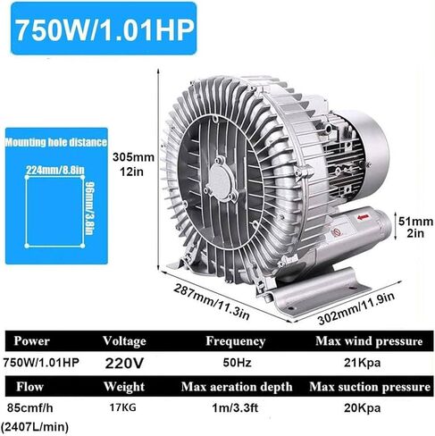 High-Pressure Regenerative Blower, 220V Vortex Ring Vacuum Pump for Industrial Sewage Aeration & Aquarium Use, 1100W (1.48HP) Single Phase Air Blower(750w/1.01hp,110V) in Kuwait