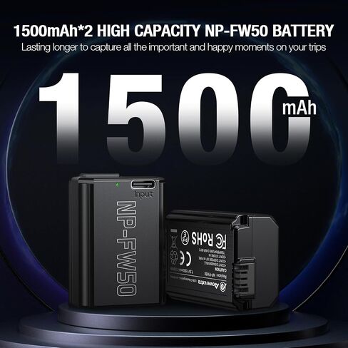 NP-FW50 Replacement Battery 2 Pack 1500mAh with Type-C Direct Charging Port for Sony A7S II, A7R II, ZV-E10, A7, A7S, A7R, A6400, A6500, A6300, A5000, A5100, A6000 Camera in Saudi Arabia