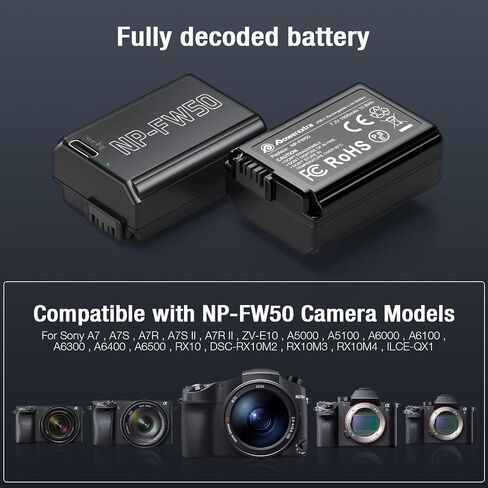 NP-FW50 Replacement Battery 2 Pack 1500mAh with Type-C Direct Charging Port for Sony A7S II, A7R II, ZV-E10, A7, A7S, A7R, A6400, A6500, A6300, A5000, A5100, A6000 Camera in Saudi Arabia