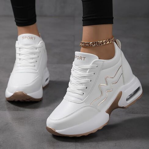 Women Height Increasing Sneakers Hidden Wedge Sneakers Lace-Up Platform Walking Shoes Casual Breathable Sports Shoes Women High Heel Sneakers Low-Top Comfortable Shoes All Season in Kuwait