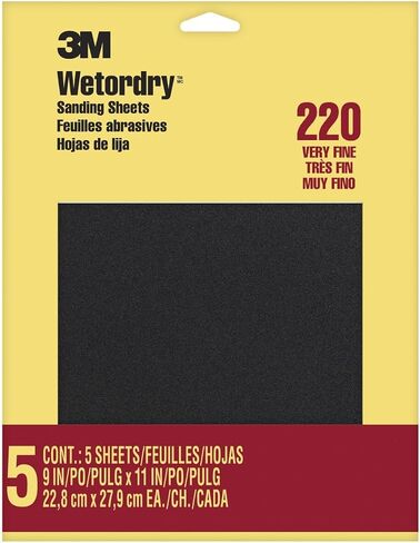 3M Wetordry Sandpaper, 5 Sheets, 9 in x 11 in, 220 Grit | Use for Wet and Dry Sanding, For Sanding Between Coats of Varnish, Lacquer, Paint & Other Finishes, Waterproof (9087DC-NA) in Kuwait