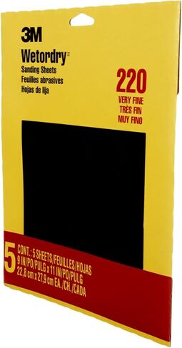 3M Wetordry Sandpaper, 5 Sheets, 9 in x 11 in, 220 Grit | Use for Wet and Dry Sanding, For Sanding Between Coats of Varnish, Lacquer, Paint & Other Finishes, Waterproof (9087DC-NA) in Kuwait