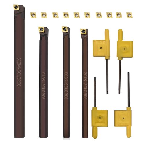 18-Piece Anti-Vibration Boring Set, 4 Pcs S07K/S08K/S10K/S12M-SCLCR06 Spring Steel Boring Bars, with 14 Pcs CCMT0602 Inserts for High-Precision Internal Machining in Kuwait
