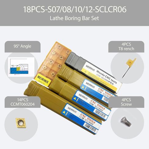 18-Piece Anti-Vibration Boring Set, 4 Pcs S07K/S08K/S10K/S12M-SCLCR06 Spring Steel Boring Bars, with 14 Pcs CCMT0602 Inserts for High-Precision Internal Machining in Kuwait