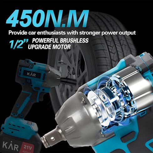 Karramlili 1/2" Brushless Impact Wrenches – 21V 450N.m Max Torque, 2-Speed 0-2200 RPM, 0-2200 BPM, 2×4000mAh Batteries & Charger, for Automotive & Truck Tire Maintenance in Kuwait