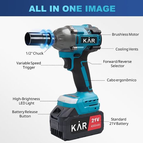 Karramlili 1/2" Brushless Impact Wrenches – 21V 450N.m Max Torque, 2-Speed 0-2200 RPM, 0-2200 BPM, 2×4000mAh Batteries & Charger, for Automotive & Truck Tire Maintenance in Kuwait