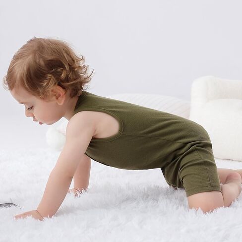 Baby Boys Sleeveless Romper,Newborn Tank Top Summer Clothes Short Jumpsuit | 2 pack cotton infant boy rompers, soft bodysuit, solid outfits,Green+Blue,6-12M in Kuwait